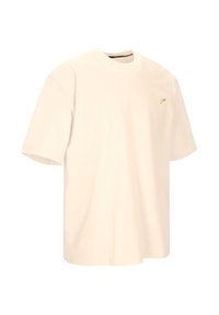 Korte mouwen crèmekleurig T-shirt van zachte stof, met een klein multicolor logo op de linkerborst. Klassieke ronde halslijn, relaxed fit.