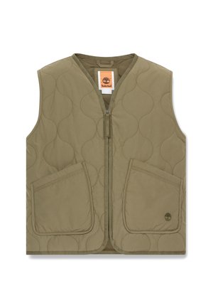 Quiltet olivengrøn ærmeløs vest med lynlås foran, to store forlommer og Timberland-logo på den nederste højre lomme.
