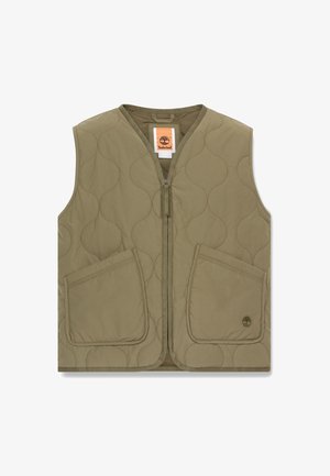 Gesteppte ärmellose Weste in Olivgrün mit Frontreißverschluss, zwei großen Fronttaschen und Timberland-Logo auf der unteren rechten Tasche.
