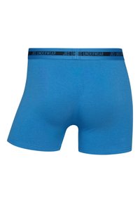Blue cotton boxer shorts with a soft texture and an elastic waistband featuring "JBS UNDERWEAR" branding in dark blue.