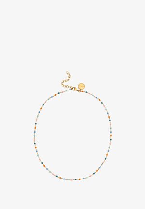 Zarte Goldkette mit kleinen bunten Perlen in Blau, Orange, Pink und Grün, versehen mit einem verstellbaren Verschluss und einem runden Markenanhänger.