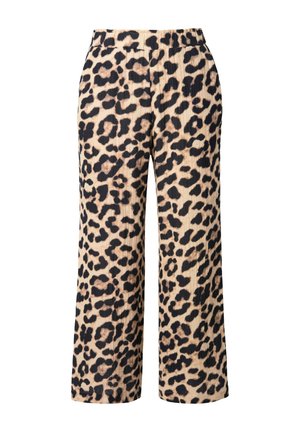 Leopardenmuster-Hose mit weitem Bein und elastischem Bund, ausgestattet mit einer strukturierten Oberfläche und einer neutralen Farbkombination aus Beige und Schwarz.