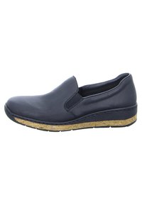 Marineblaue Leder-Schlupfschuhe mit elastischen Seitenpaneelen, strukturiertem Kork-Zwischensohle, abgerundetem Zehenbereich und niedrigem Absatz. Glatte Oberfläche und minimalistisches Design.