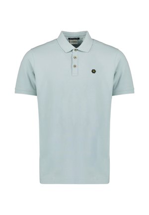 Lichtblauwe polo-shirt van katoen, met een kraag, drie-knopen sluiting en een klein hexagonaal logo op de borst.