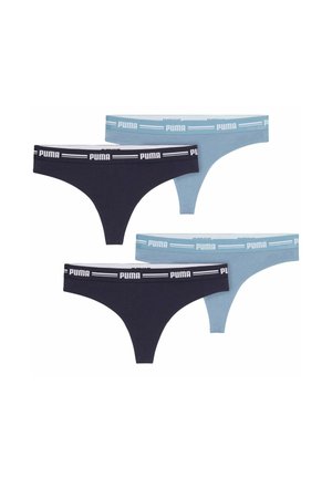 Four Puma branded thong underwear pairs, two in black and two in light blue, arranged in two rows on a white background.