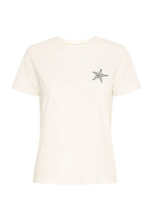 Camiseta de algodón crema con mangas cortas, escote redondo y gráfico de estrella de mar negra en el área del pecho izquierdo. Diseño simple y sin adornos.
