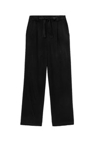 Pantalons larges noirs en tissu doux, avec une taille élastique, un nœud à l'avant et des détails plissés pour ajouter de la texture.