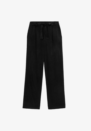Pantalons larges noirs en tissu doux, avec une taille élastique, un nœud à l'avant et des détails plissés pour ajouter de la texture.