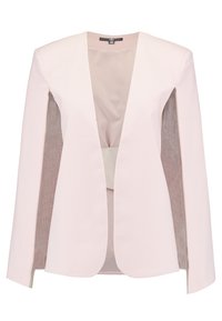 Vaaleanpunainen bleiseri, jossa avoin etuosa, pitkät hihat ja kontrastivärinen kangas sivuilla. Sileä pinta ja räätälöity istuvuus.