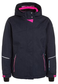 Marineblauer Winterjacke mit Kapuze, pinken Reißverschluss-Taschen, pinkem Innenfutter, Druckknöpfen und reflektierenden Streifen an den Ärmeln.