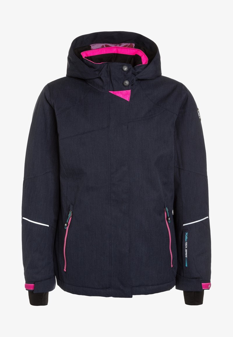 Námořnická zimní bunda s kapucí, růžovými zipovými kapsami, růžovým podšívkou, patentkami a reflexním pásem na rukávech.
