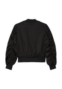 Schwarze Bomberjacke mit gerafften Ärmeln, elastischem Saum und Kragen. Glattes Material mit lockerer Passform, ohne zusätzliche Muster oder Akzente.