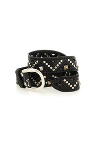 Cintura nera in pelle con hardware argentato, caratterizzata da ritagli geometrici, borchie e strass disposti in un motivo a V.