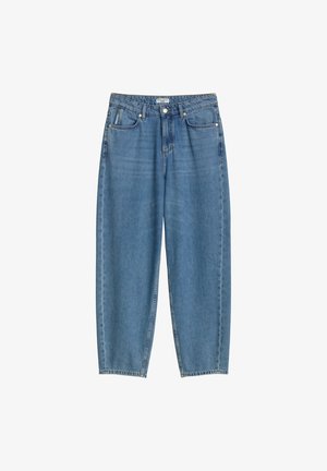 Blue denim high-waist relaxed-fit jeans with front button, zipper closure, and five-pocket design, displayed on a white background.