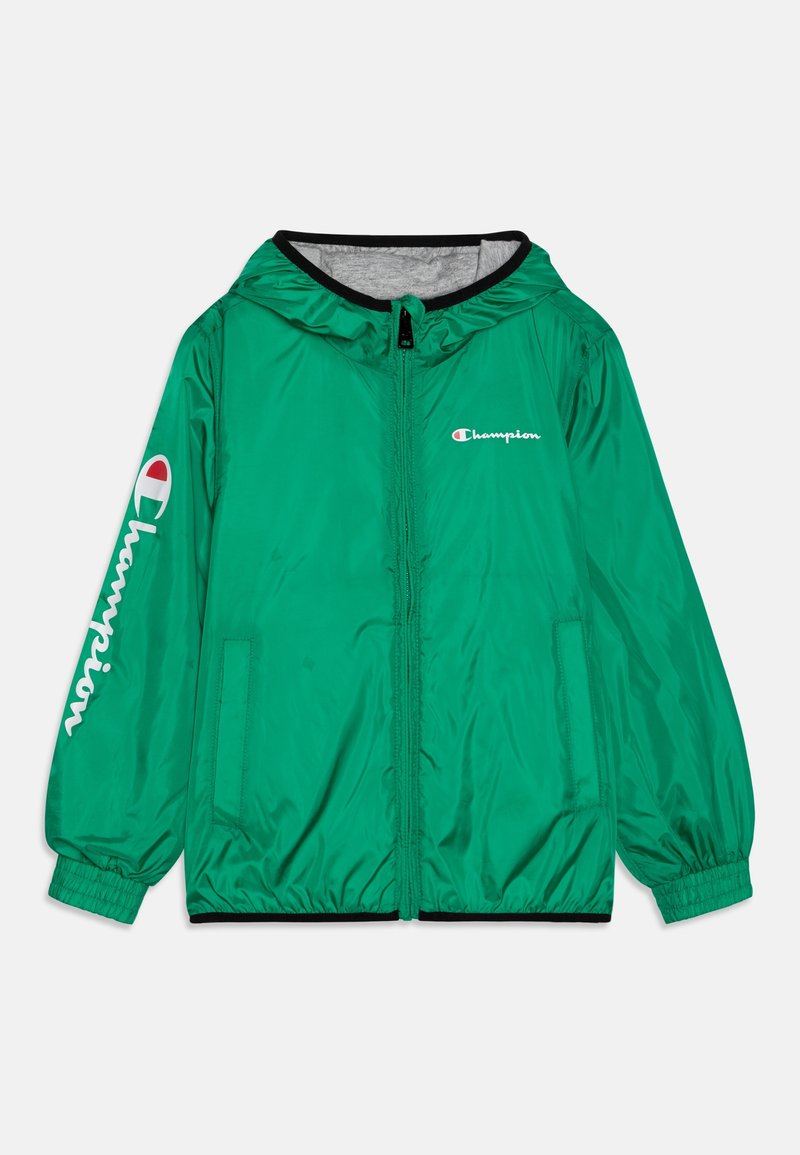 Veste à capuche verte zippée avec poignets élastiques, deux poches avant et logo blanc Champion sur la poitrine et la manche gauche.