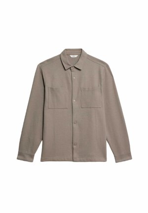 Camicia button-up grigia realizzata in tessuto testurizzato. Presenta due tasche sul petto, un collo e maniche lunghe con polsini abbottonati.