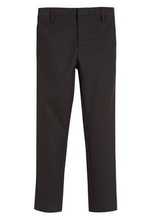 Pantalon noir droit et ajusté avec passants pour ceinture et braguette zippée, présenté à plat sur un fond blanc.