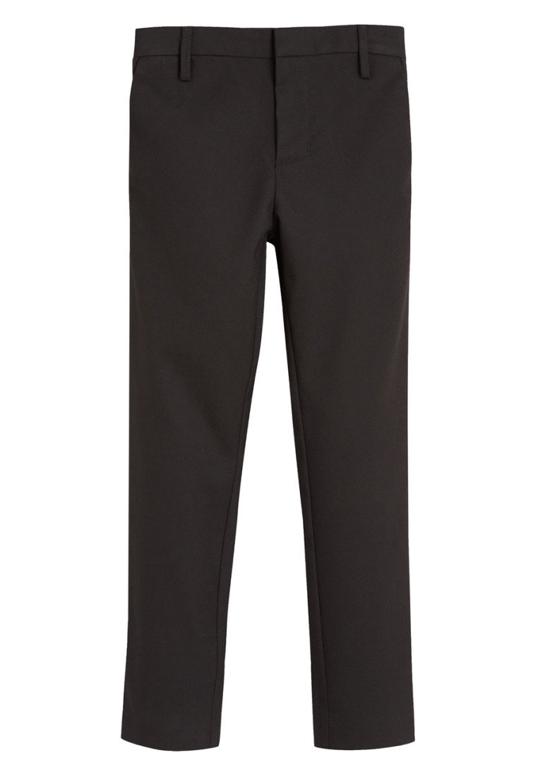 Pantalon noir droit et ajusté avec passants pour ceinture et braguette zippée, présenté à plat sur un fond blanc.
