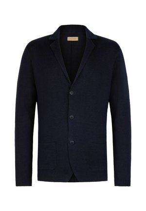 Blazer en maille bleu marine foncé avec col cranté, trois boutons sur le devant et deux poches plaquées à l'avant, présenté sur fond blanc.
