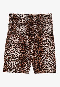 Lauku moda šorti ar leoparda rakstu, kuriem ir gumijota josta, izgatavoti no viegla auduma sarkanā, melnā un baltā krāsā, ar brīvu piegriezumu.