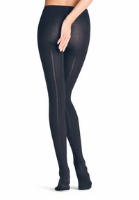 Schwarze Leggings mit glatter Oberfläche, die vertikale Rippdetails und durchsichtige Akzente an den Seiten aufweisen.
