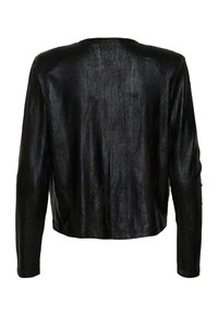 Schwarze metallische Jacke mit glatter Textur, langen Ärmeln und lockerer Passform. Minimalistisches Design mit rundem Ausschnitt.