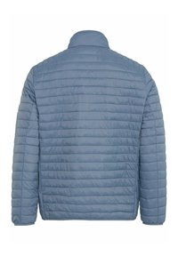 Helleblauer Steppjacke mit hohem Kragen, horizontalen Nähten und elastischen Bündchen, entworfen für Wärme und Komfort.
