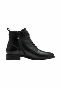Bottines en cuir noir avec un bout rond, un laçage à l'avant et une fermeture éclair sur le côté. Elles présentent un petit talon carré et de subtils accents de couture.