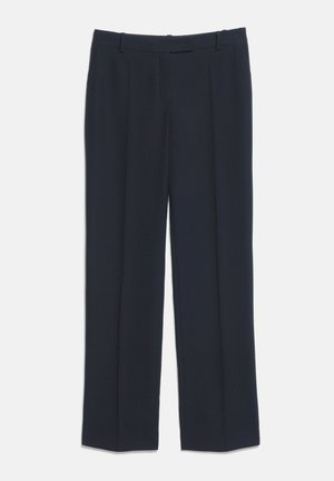Dunkel marineblaue formelle Hose mit geraden Beinen und Gürtelschlaufen, flach auf weißem Hintergrund dargestellt.
