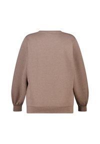 Bruine trui met een ontspannen pasvorm, met lange ballonmouwen, een ronde halslijn en een zachte textuur. Geen zichtbare patronen of versieringen.