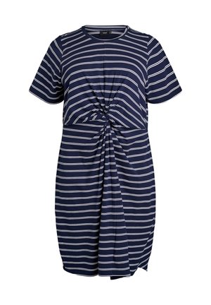 Marineblaues knielanges Kleid mit weißen horizontalen Streifen, kurzen Ärmeln, rundem Ausschnitt und gedrehtem Knotendetail an der Taille.