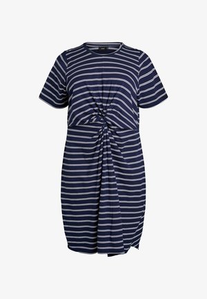 Marineblauwe jurk tot op de knie met witte horizontale strepen, korte mouwen, een ronde halslijn en een gedraaid knoopdetail in de taille.