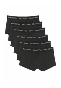 Schwarze Baumwollboxershorts mit einem weißen Logo-Bund, in einem Stapel angeordnet. Jedes Paar hat eine weiche Textur und ein figurbetontes Design.