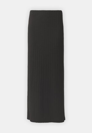 Jupe midi noire côtelée en tissu extensible doux. Présente une silhouette près du corps avec un ourlet légèrement évasé et sans quincaillerie visible.