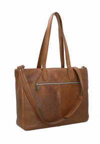 Borsa a spalla in pelle marrone con due manici e una tracolla rimovibile. Presenta una tasca frontale con zip e una texture liscia.