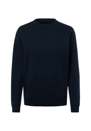 Schlichter dunkelblauer Sweatshirt mit Rundhalsausschnitt, langen Ärmeln und gerippten Bündchen sowie Saum auf weißem Hintergrund.