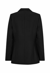 Schwarze, taillierte Blazerjacke mit einem Reverskragen, strukturierten Schultern und einer figurbetonten Silhouette. Glattes Material ohne sichtbare Verzierungen.