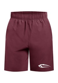 Burgunderfarbene Sportshorts mit elastischem Bund, seitlichen Taschen und einem weißen Logoakzent auf der unteren rechten Seite. Glattes, leichtes Material.
