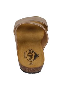 Light brown slide sandal with a suede upper, cork footbed, and rubber sole. Features a wide strap and embossed logo. Size 38.