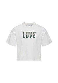 T-shirt blanc court en coton avec texte vert "LOVE" en lettres majuscules, avec un accent à motifs sur le premier "O".