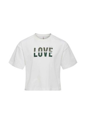 T-shirt blanc court en coton avec texte vert "LOVE" en lettres majuscules, avec un accent à motifs sur le premier "O".