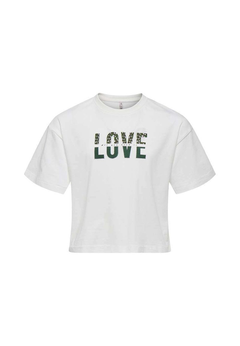 T-shirt blanc court en coton avec texte vert "LOVE" en lettres majuscules, avec un accent à motifs sur le premier "O".