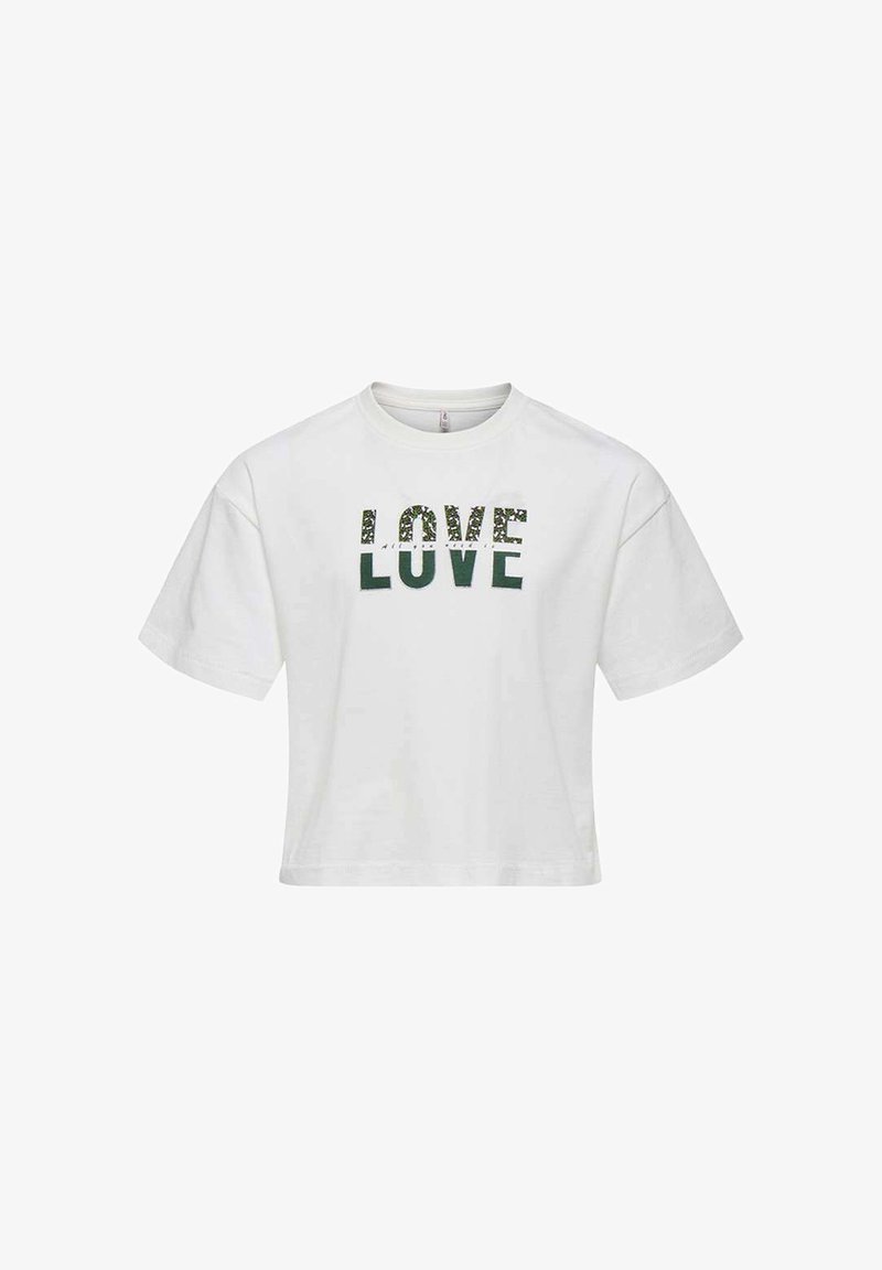 T-shirt blanc court en coton avec texte vert "LOVE" en lettres majuscules, avec un accent à motifs sur le premier "O".