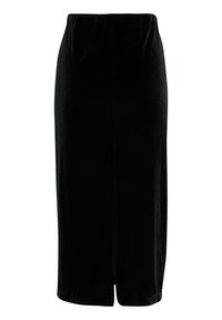 Juodas aksominis midi sijonas su elastinga juosmens juosta, priekyje su iškirpte judėjimo patogumui. Lygus audinys ir tiesi silueto linija.