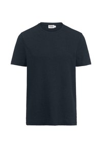 Donker marineblauwe katoenen T-shirt met korte mouwen, ronde hals en een gladde textuur. Eenvoudig ontwerp zonder patronen of accenten.