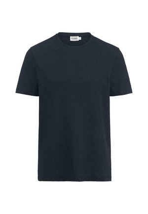 Donker marineblauwe katoenen T-shirt met korte mouwen, ronde hals en een gladde textuur. Eenvoudig ontwerp zonder patronen of accenten.