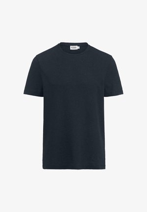 Donker marineblauwe katoenen T-shirt met korte mouwen, ronde hals en een gladde textuur. Eenvoudig ontwerp zonder patronen of accenten.