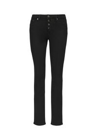 Czarne skinny jeansy z wysokim stanem, zapięcie na pięć guzików oraz klasyczny pięcio-kieszeniowy design. Gładka faktura i dopasowany krój w całej długości.