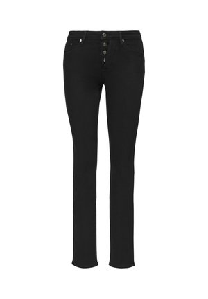 Schwarze Skinny-Jeans mit hoher Taille, Fünfknopfverschluss und klassischem Fünf-Taschen-Design. Glatte Textur und schlanker Schnitt.