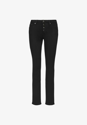 Black skinny jeans with a high waist, five-button closure, and classic five-pocket design. Smooth texture and slim fit throughout.
